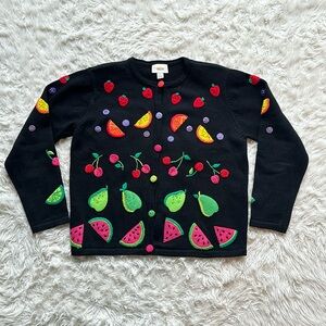 Vintage Talbots embellished beaded black fruit cardigan sweater Medium